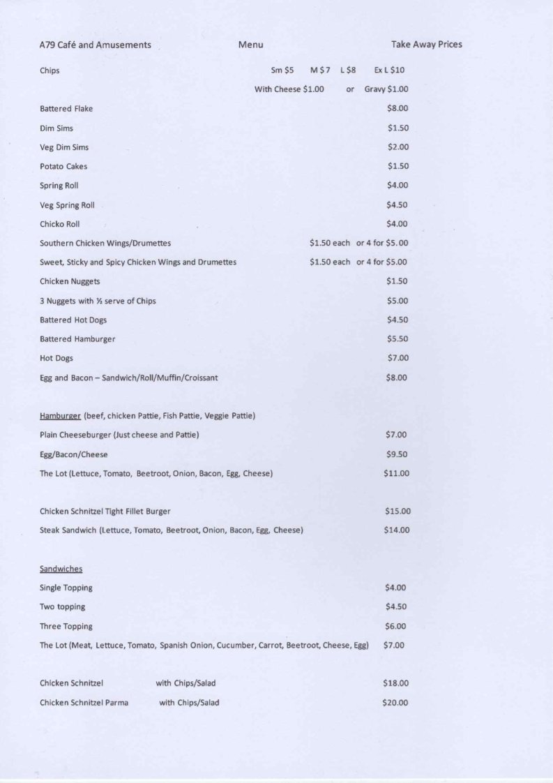 Menu, A79 Cafe And Amusements