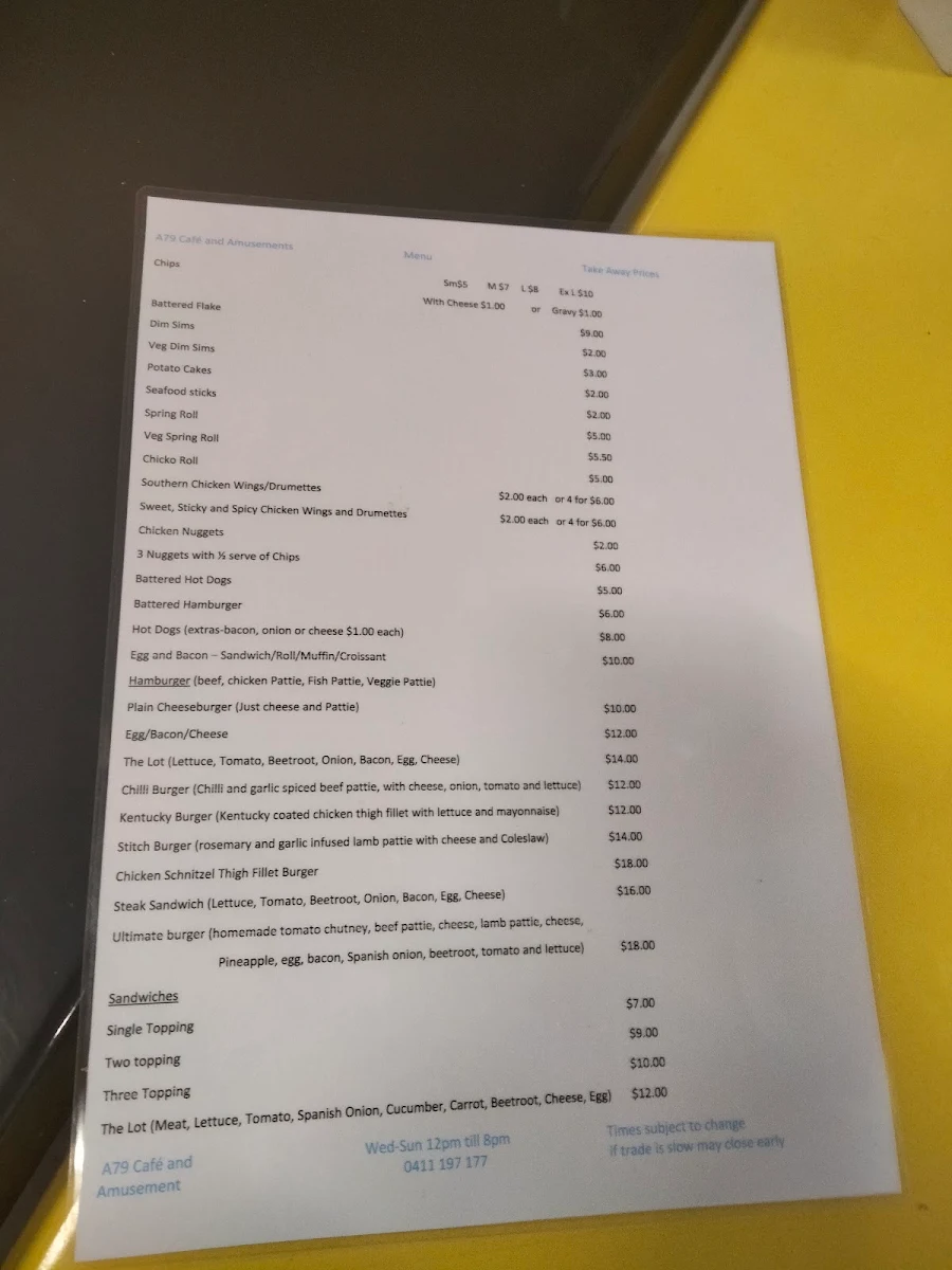 Menu, A79 Cafe And Amusements