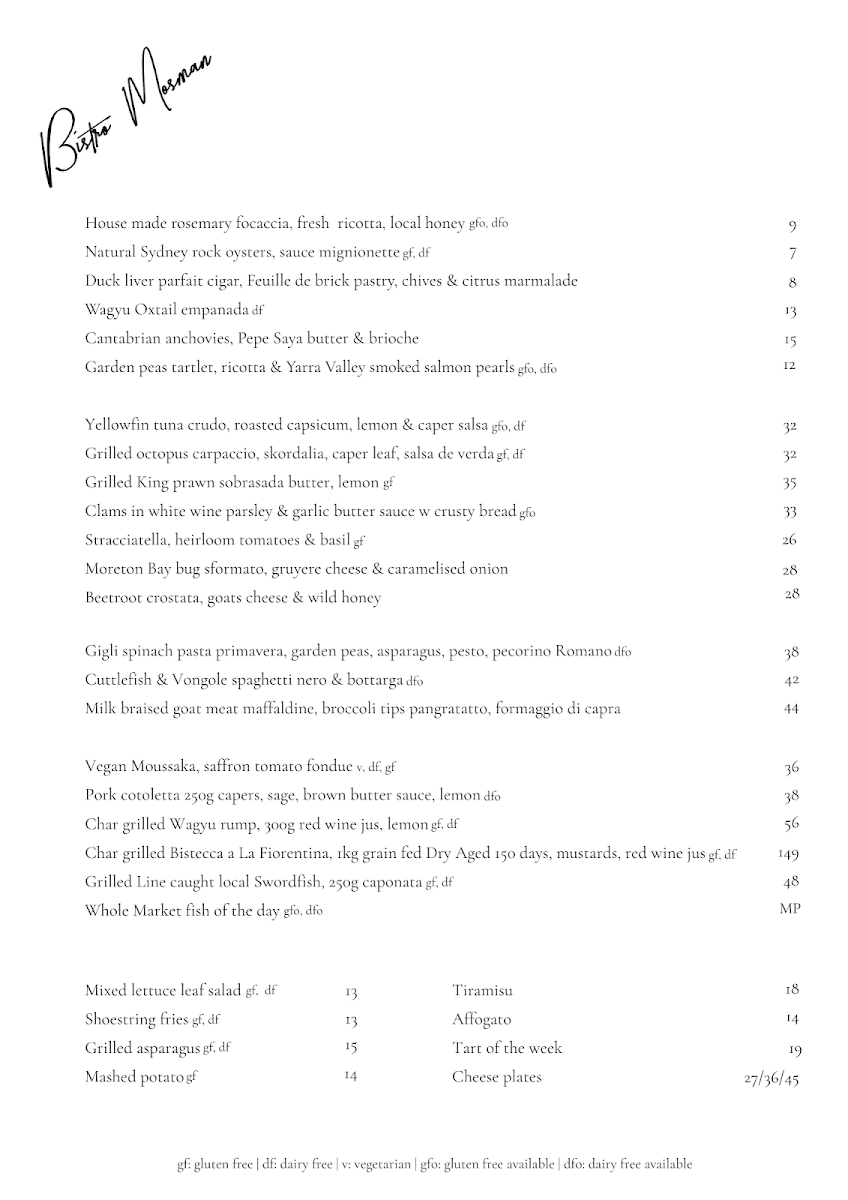 Menu, Bistro Mosman