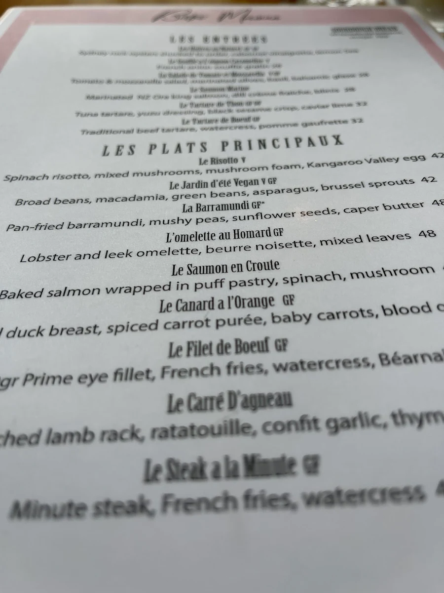 Menu, Bistro Mosman
