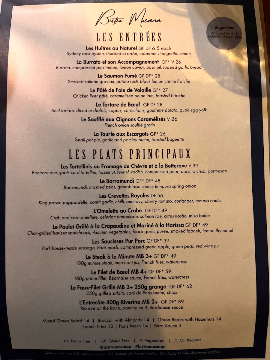 Menu, Bistro Mosman