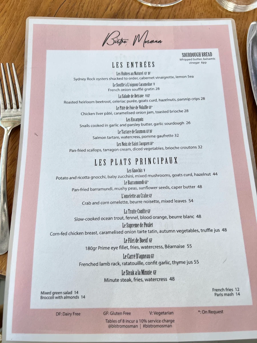 Menu, Bistro Mosman