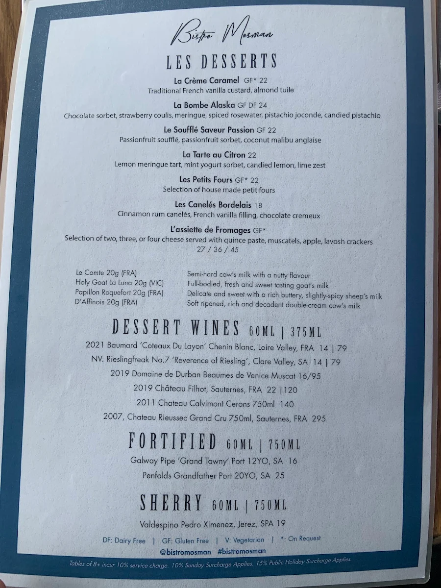 Menu, Bistro Mosman