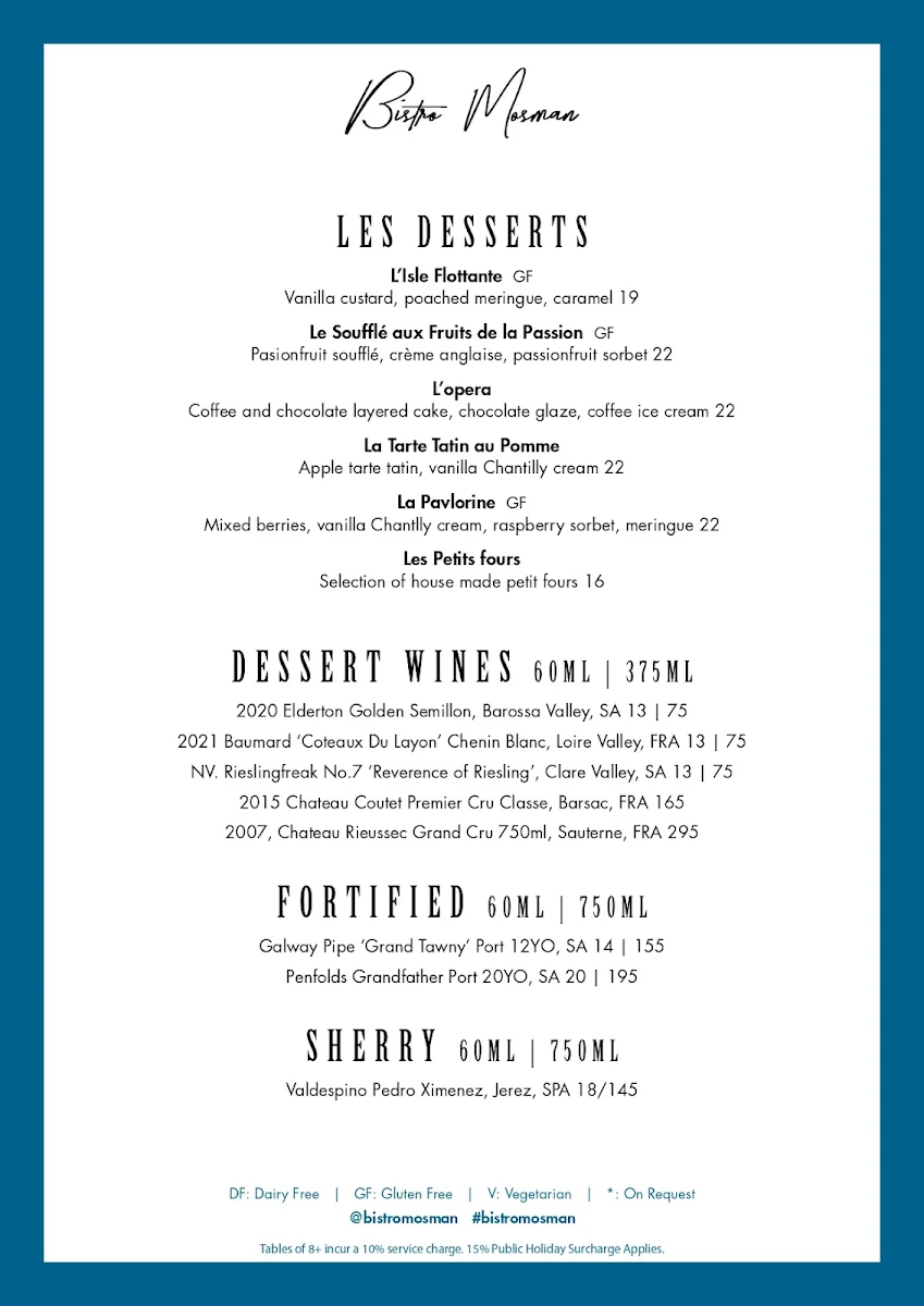 Menu, Bistro Mosman