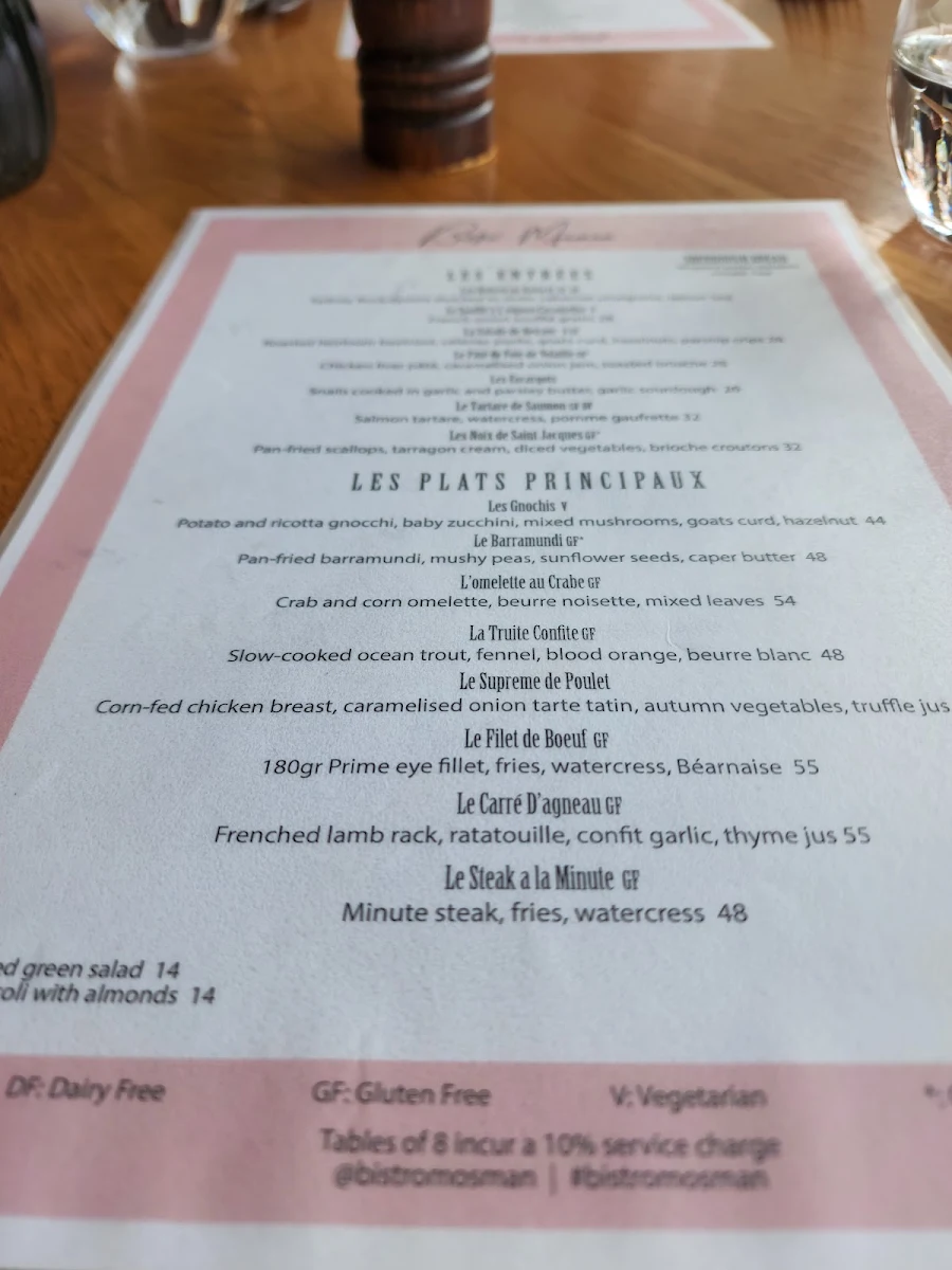 Menu, Bistro Mosman