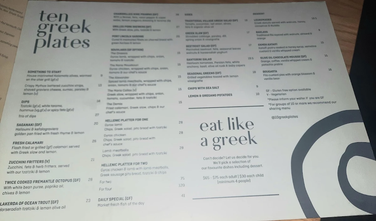 Menu, 10 Greek Plates