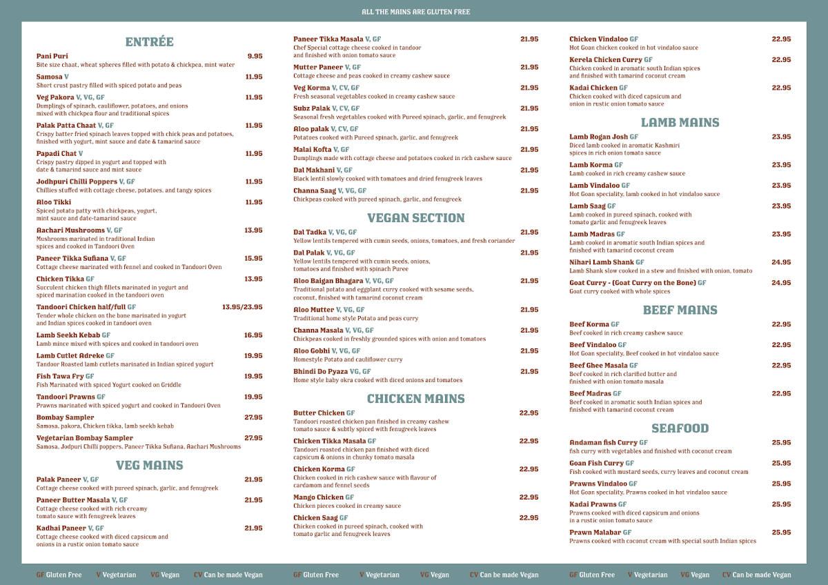 Menu, Bombay to Byron Authentic Indian Food
