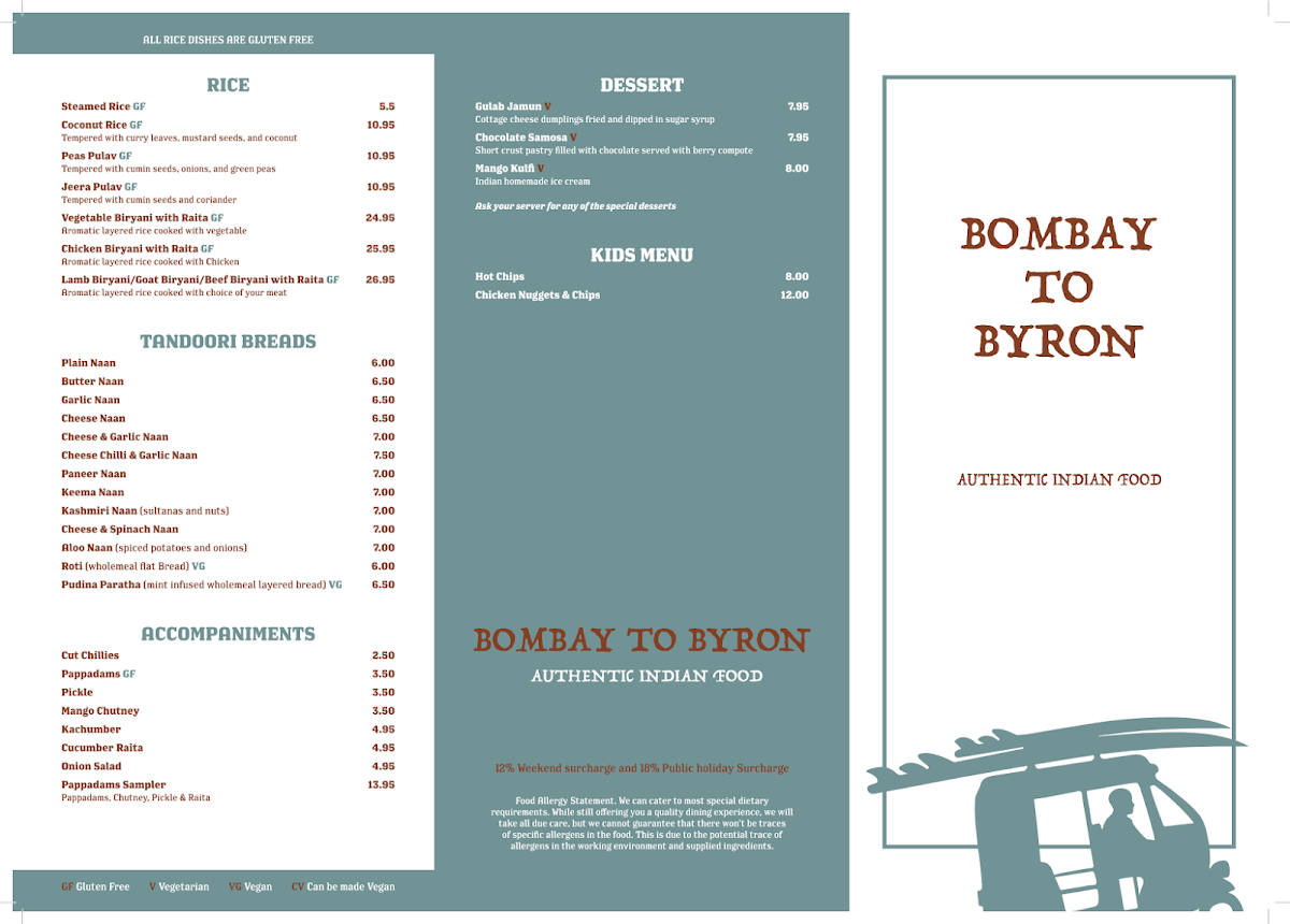 Menu, Bombay to Byron Authentic Indian Food