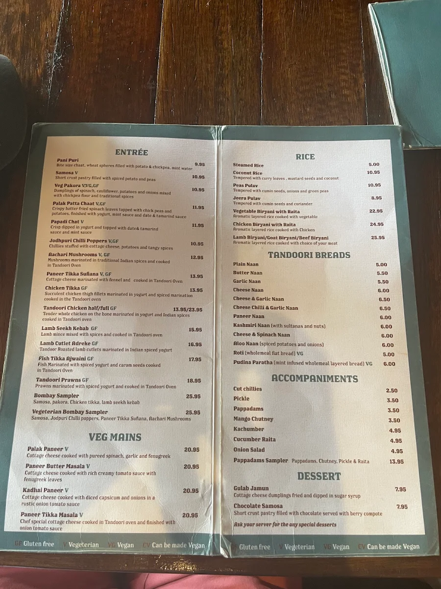 Menu, Bombay to Byron Authentic Indian Food