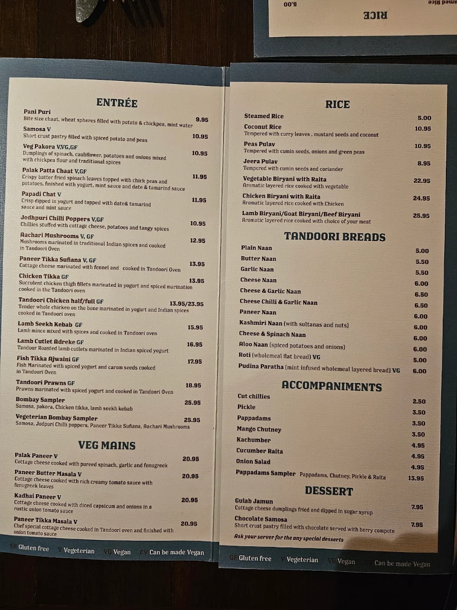 Menu, Bombay to Byron Authentic Indian Food