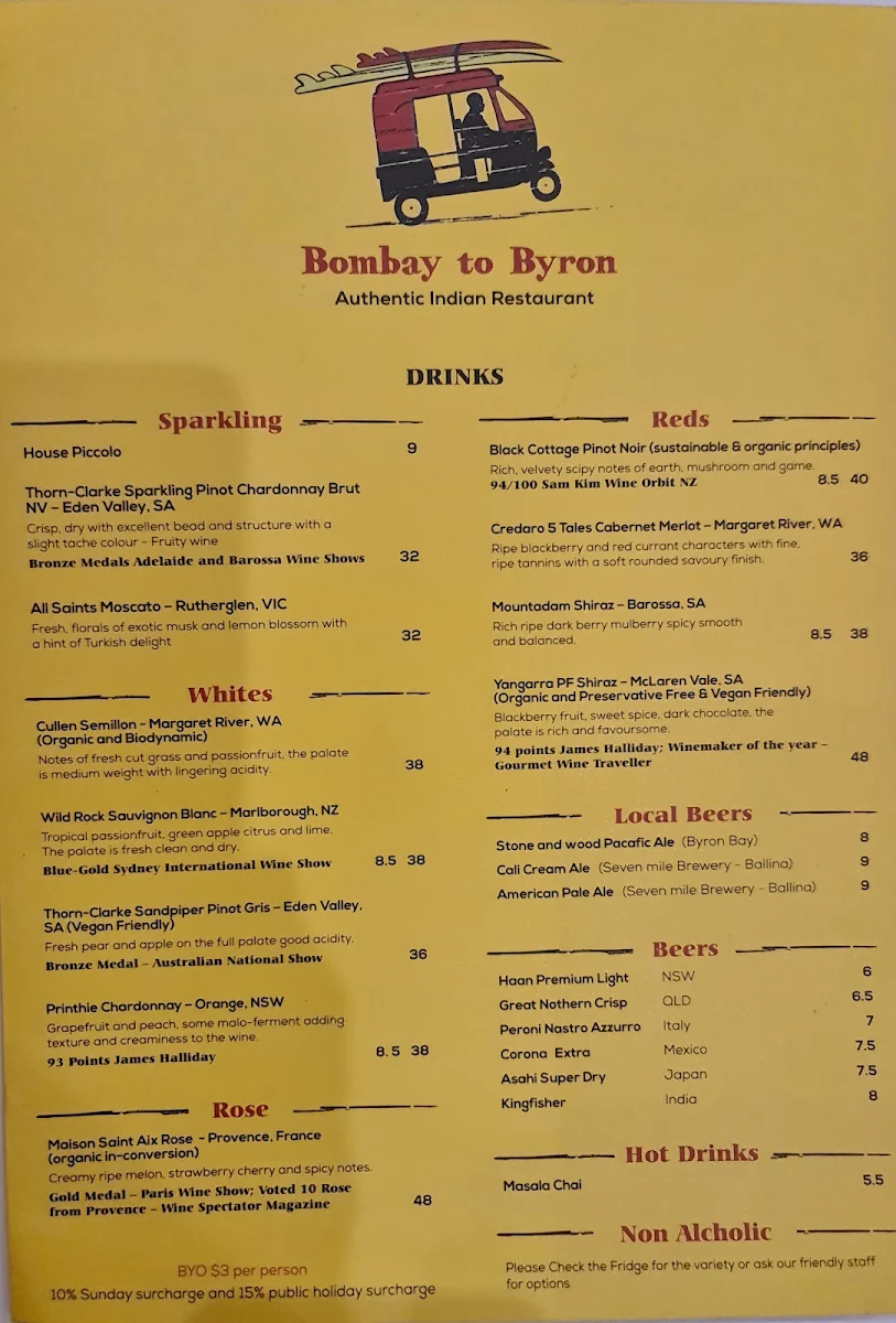 Menu, Bombay to Byron Authentic Indian Food
