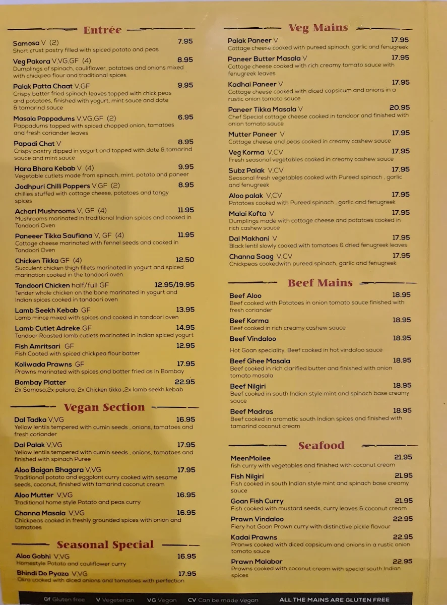Menu, Bombay to Byron Authentic Indian Food