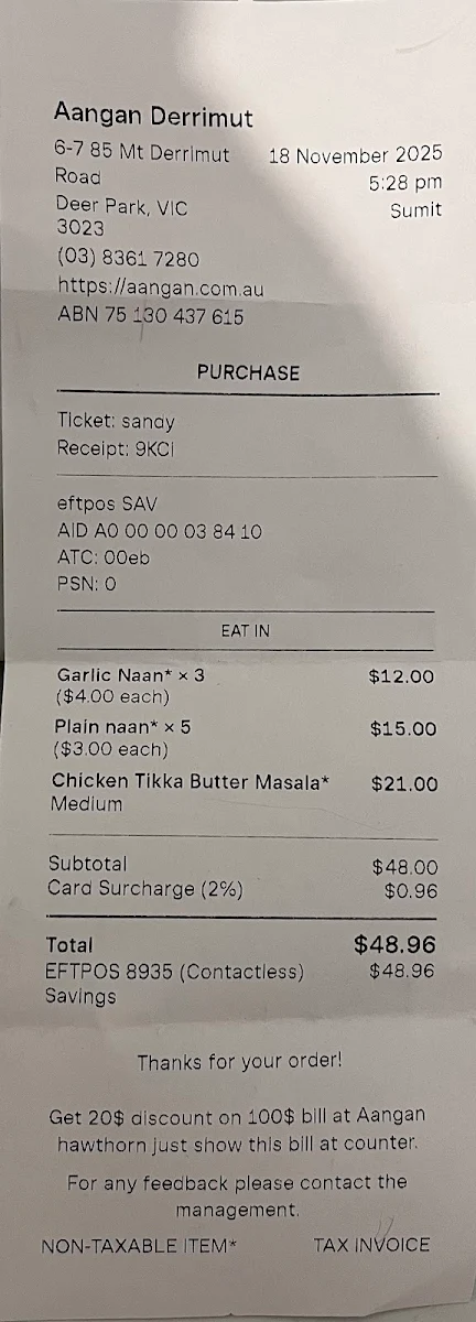 Menu, Aangan Restaurant - Deer Park