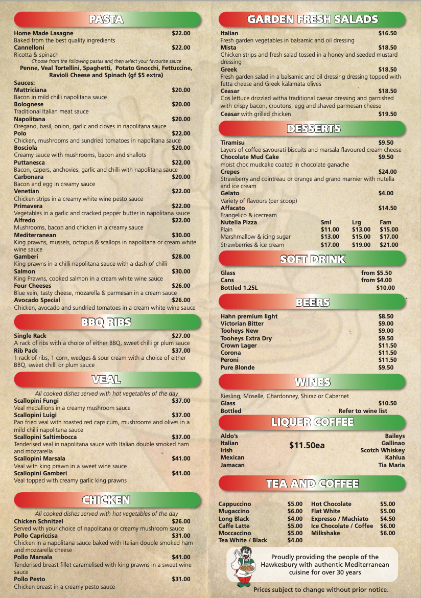 Menu, Aldo's Pizza Restaurant