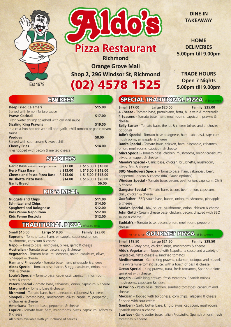Menu, Aldo's Pizza Restaurant