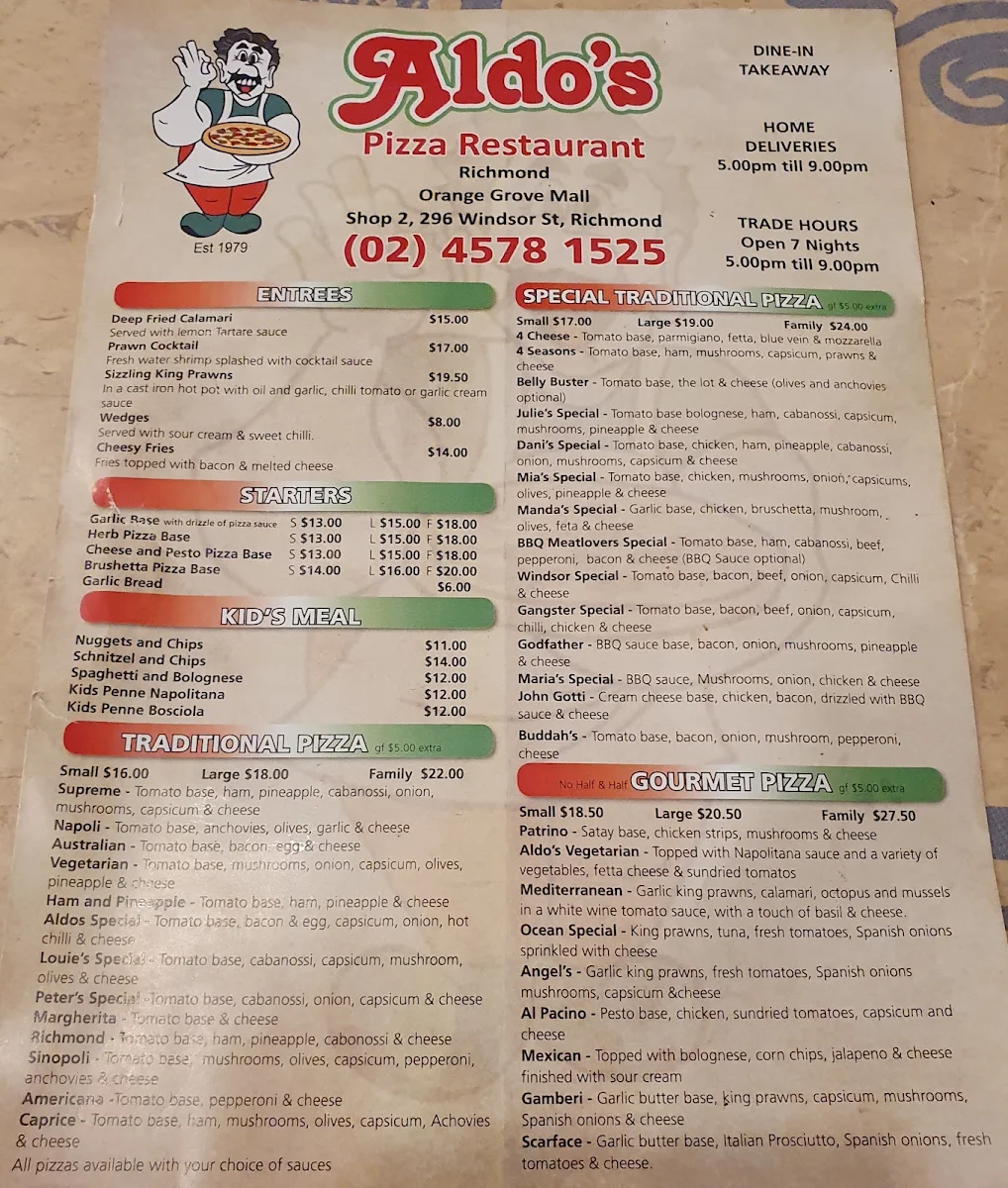 Menu, Aldo's Pizza Restaurant
