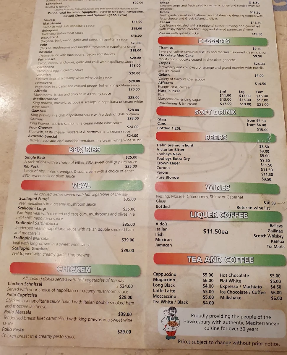 Menu, Aldo's Pizza Restaurant