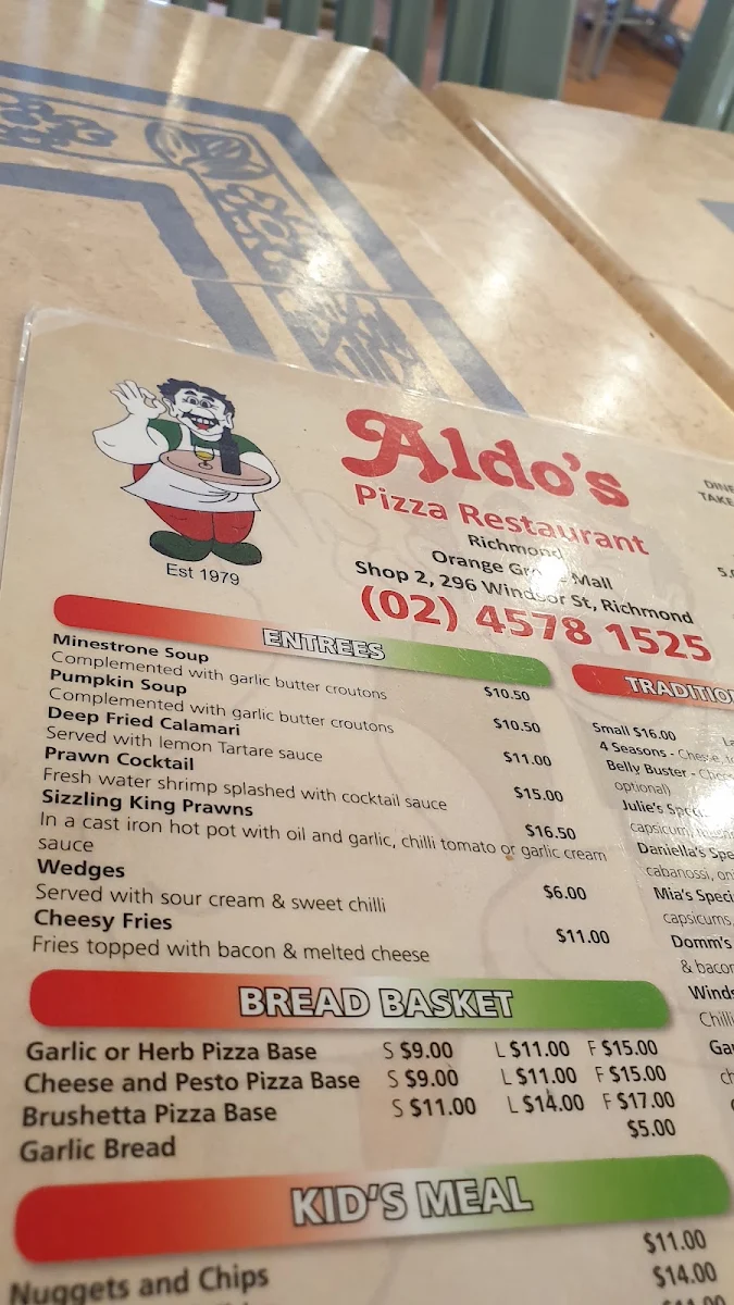 Menu, Aldo's Pizza Restaurant