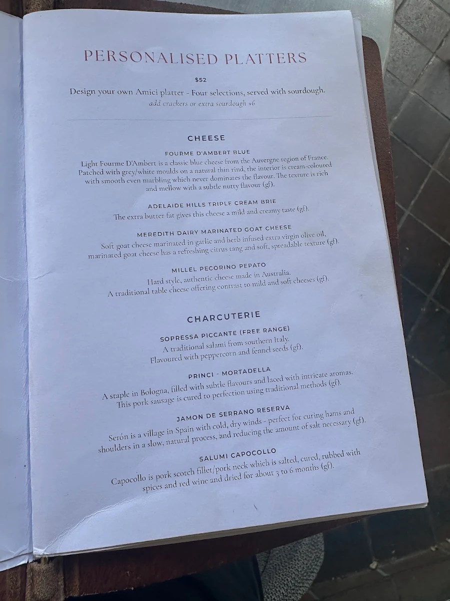 Menu, Amici Wine Bar & Deli