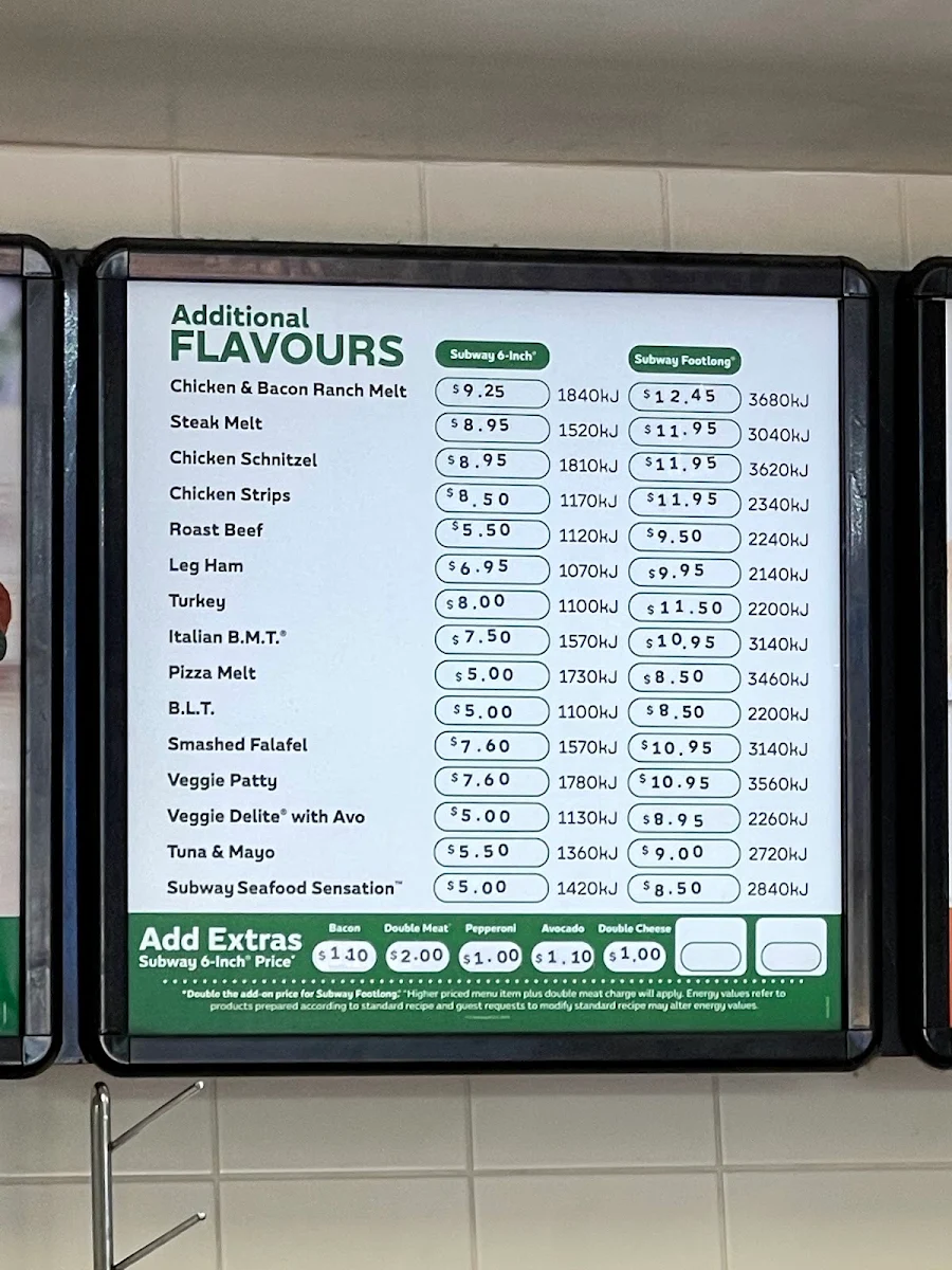 Menu, Subway