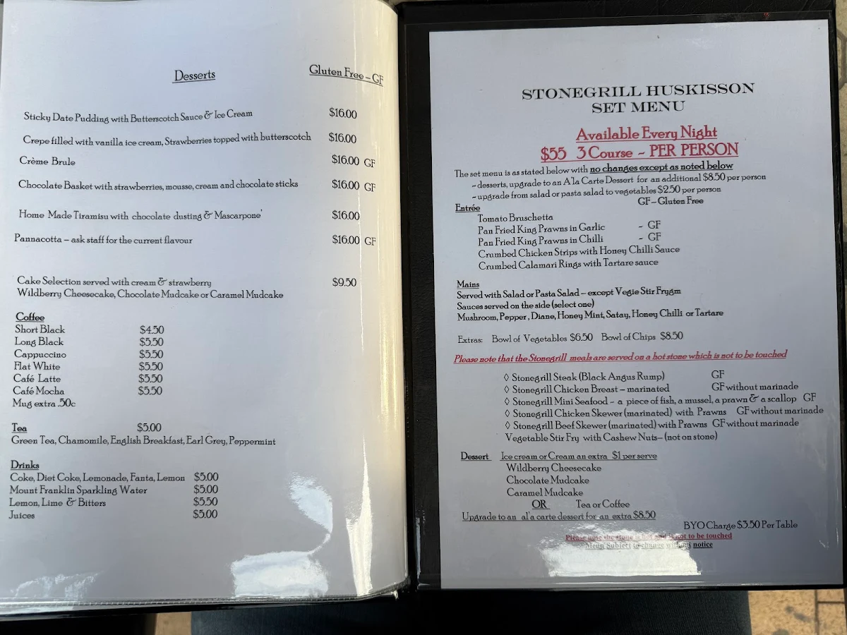 Menu, Stonegrill Huskisson