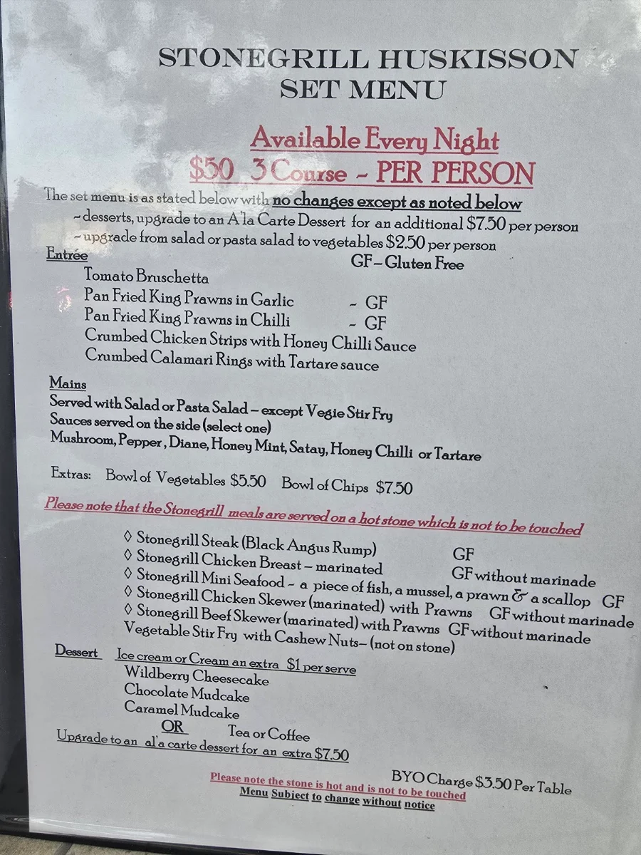 Menu, Stonegrill Huskisson