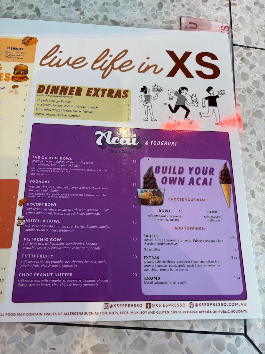 Menu, XS Espresso Meadowbank