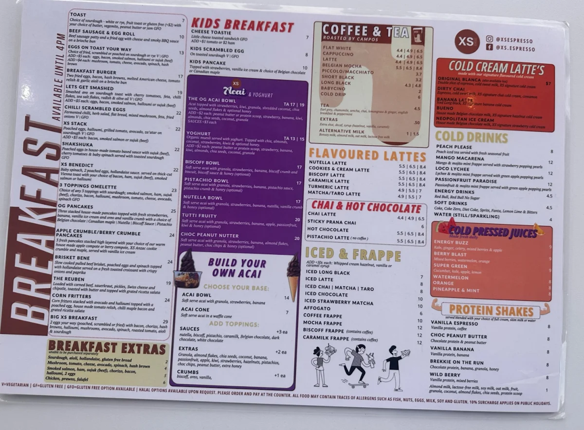 Menu, XS Espresso Meadowbank