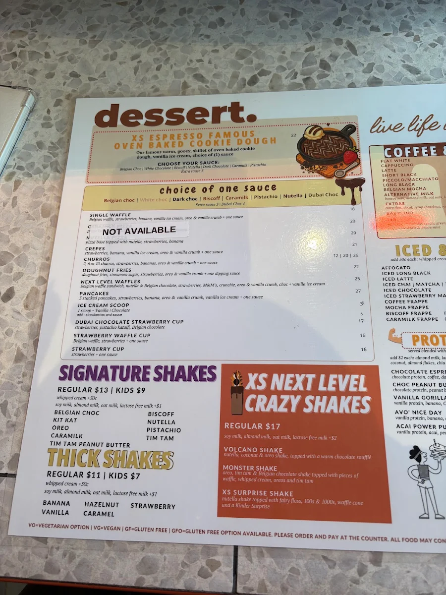 Menu, XS Espresso Meadowbank