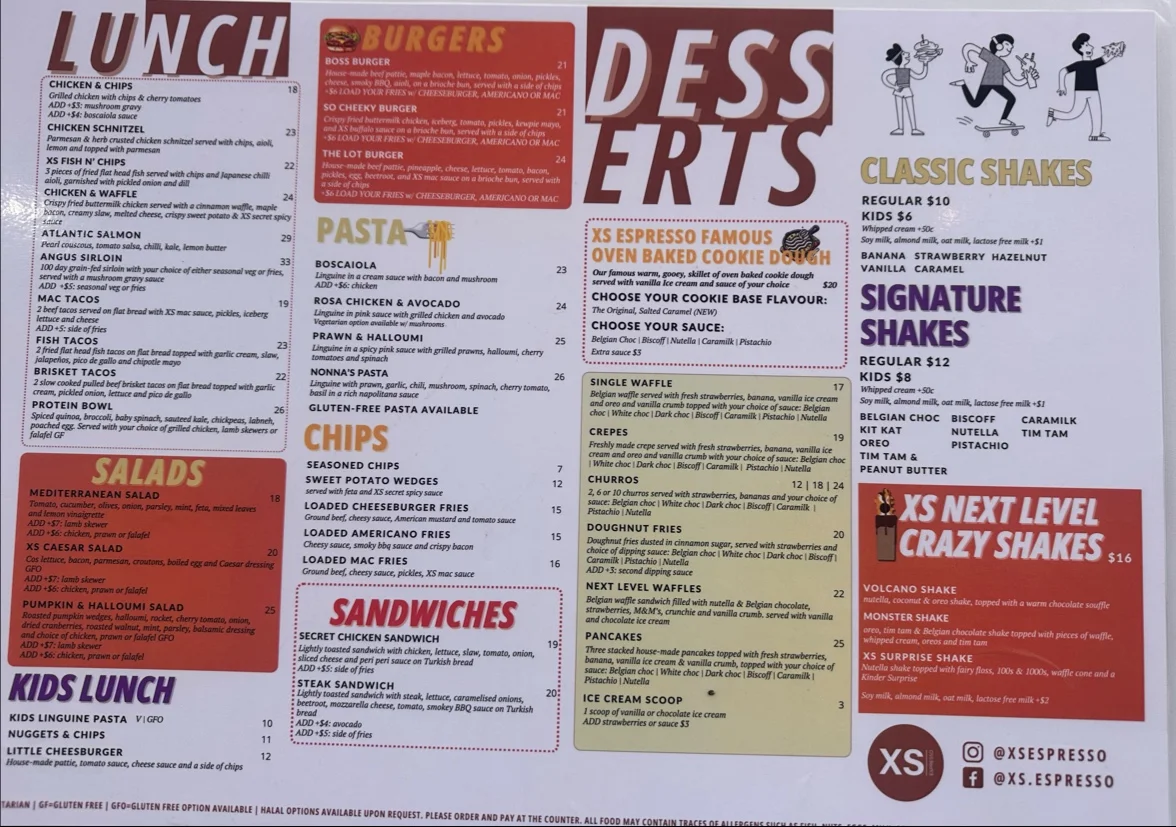 Menu, XS Espresso Meadowbank
