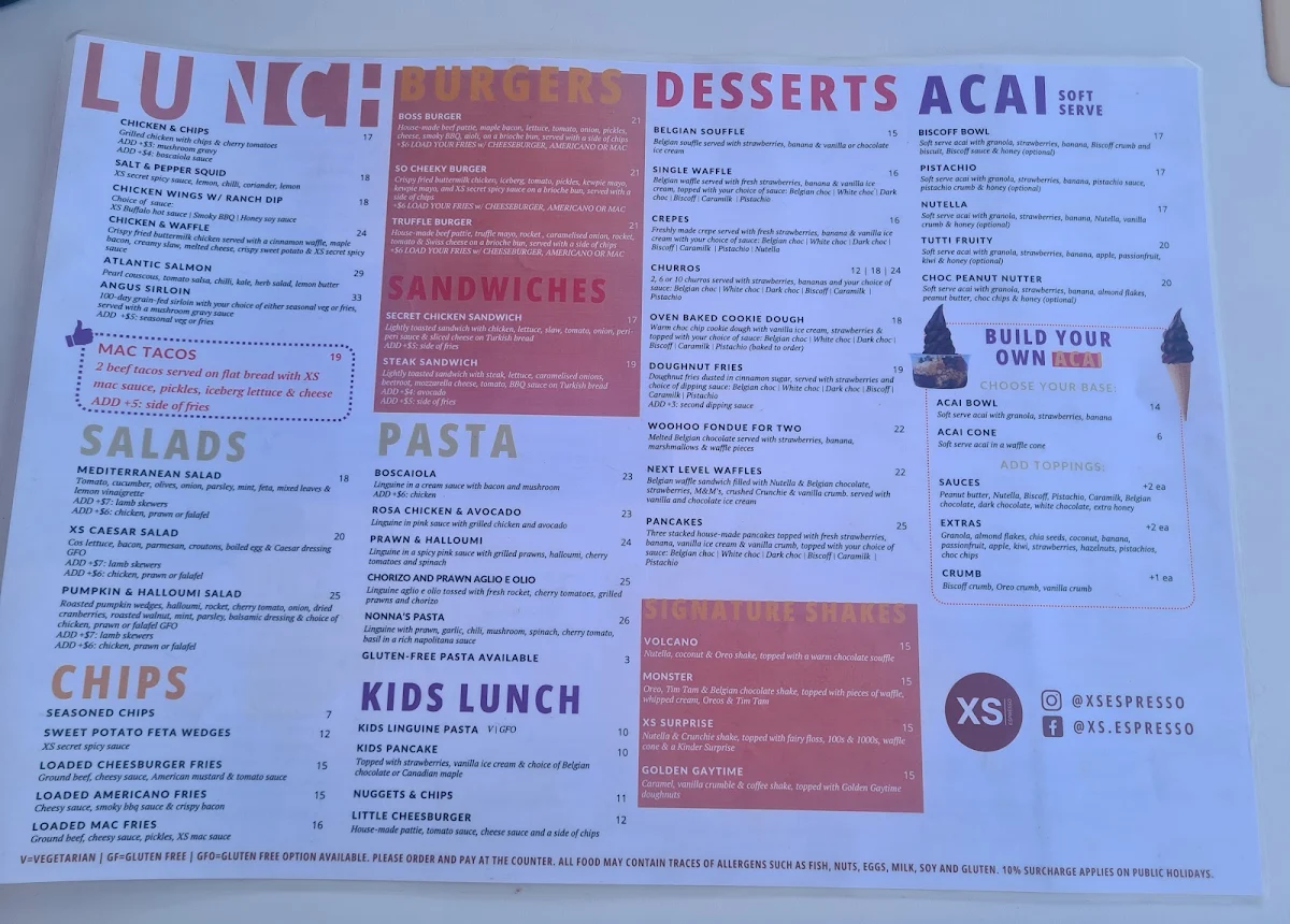 Menu, XS Espresso Meadowbank