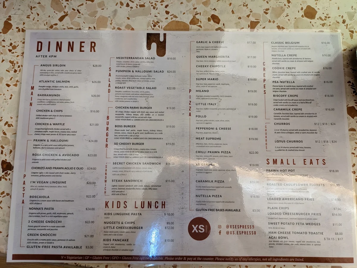 Menu, XS Espresso Meadowbank