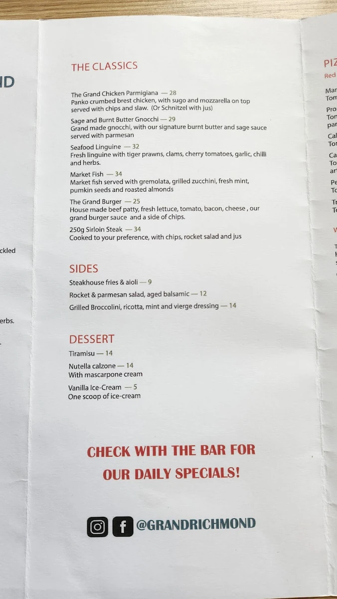 Menu, The Grand Hotel Richmond