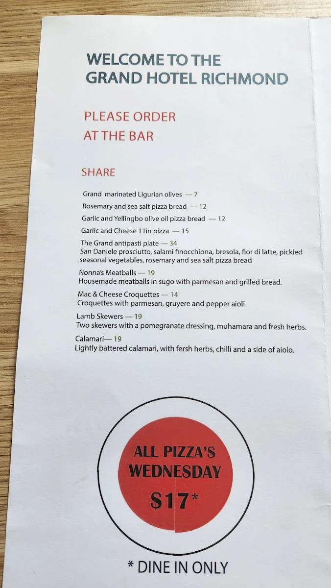 Menu, The Grand Hotel Richmond