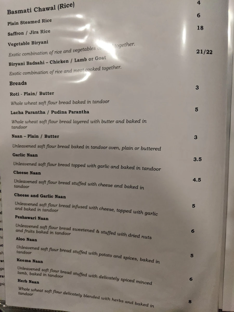Menu, Ginger Indian Restaurant