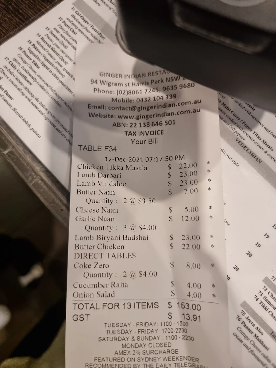 Menu, Ginger Indian Restaurant