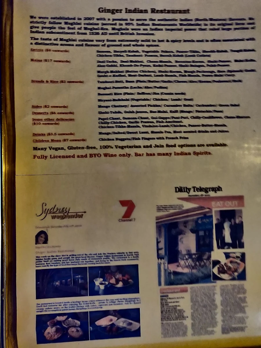 Menu, Ginger Indian Restaurant