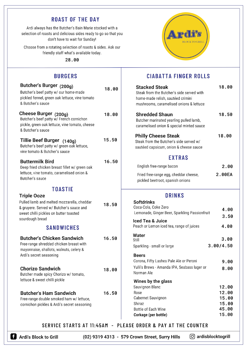 Menu, Ardi’s Block to Grill