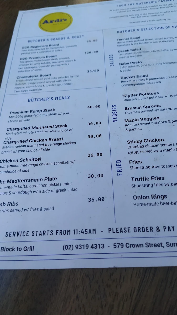 Menu, Ardi’s Block to Grill