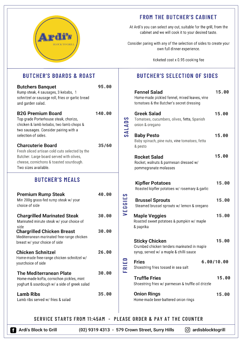 Menu, Ardi’s Block to Grill