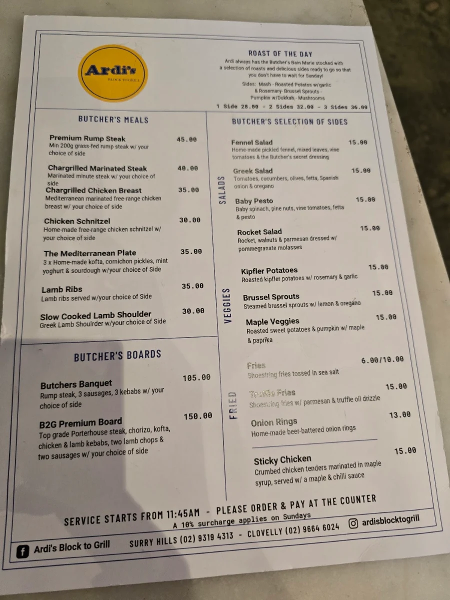 Menu, Ardi’s Block to Grill