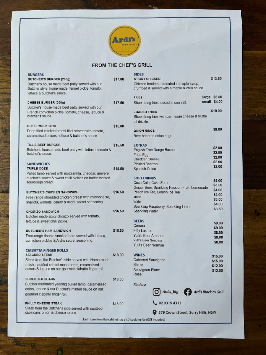 Menu, Ardi’s Block to Grill