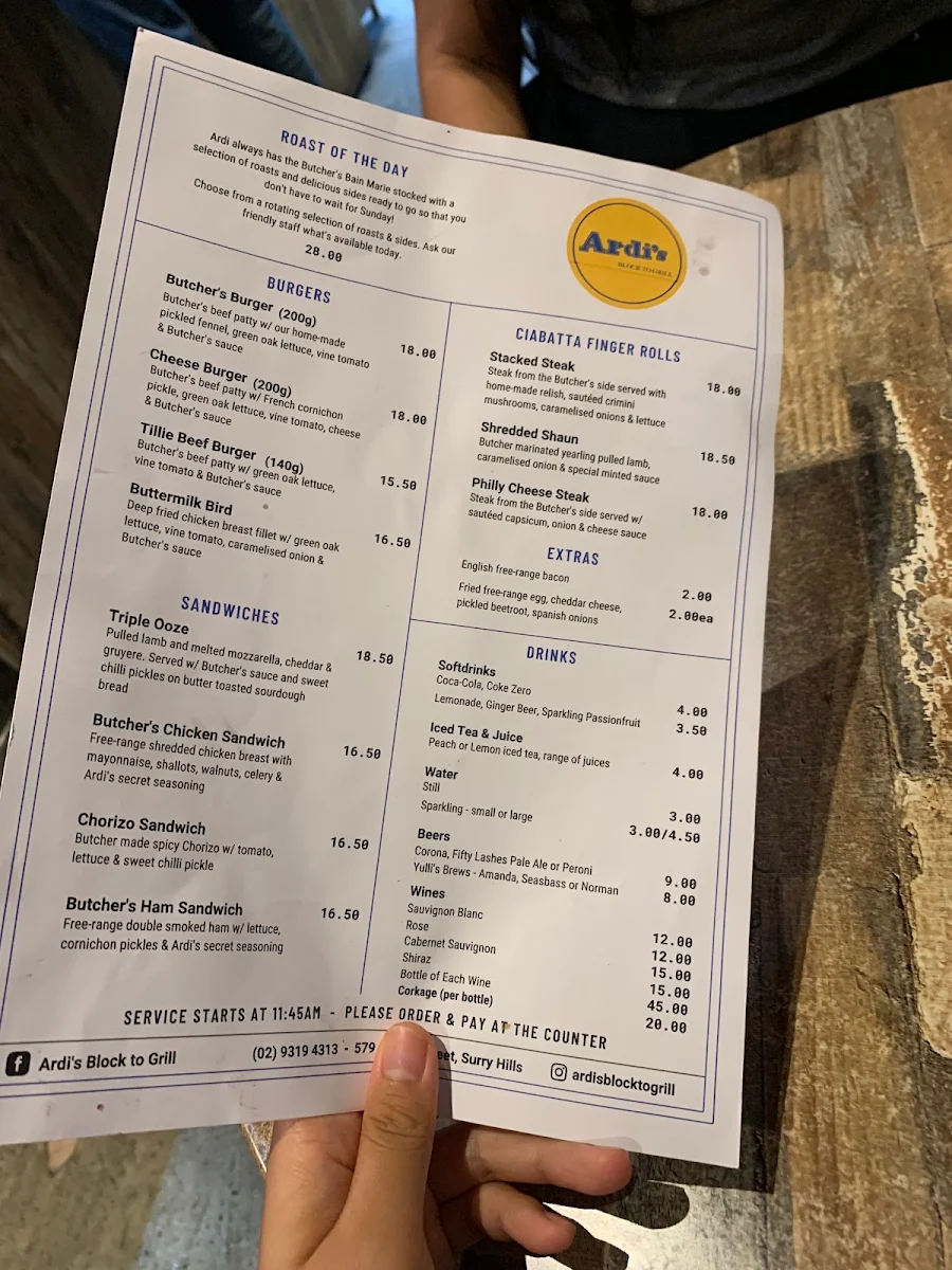 Menu, Ardi’s Block to Grill
