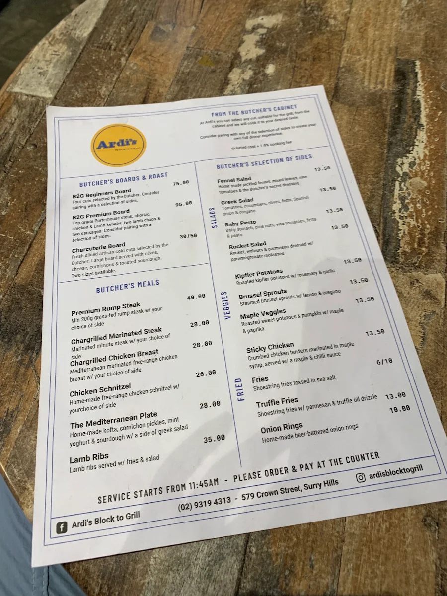 Menu, Ardi’s Block to Grill