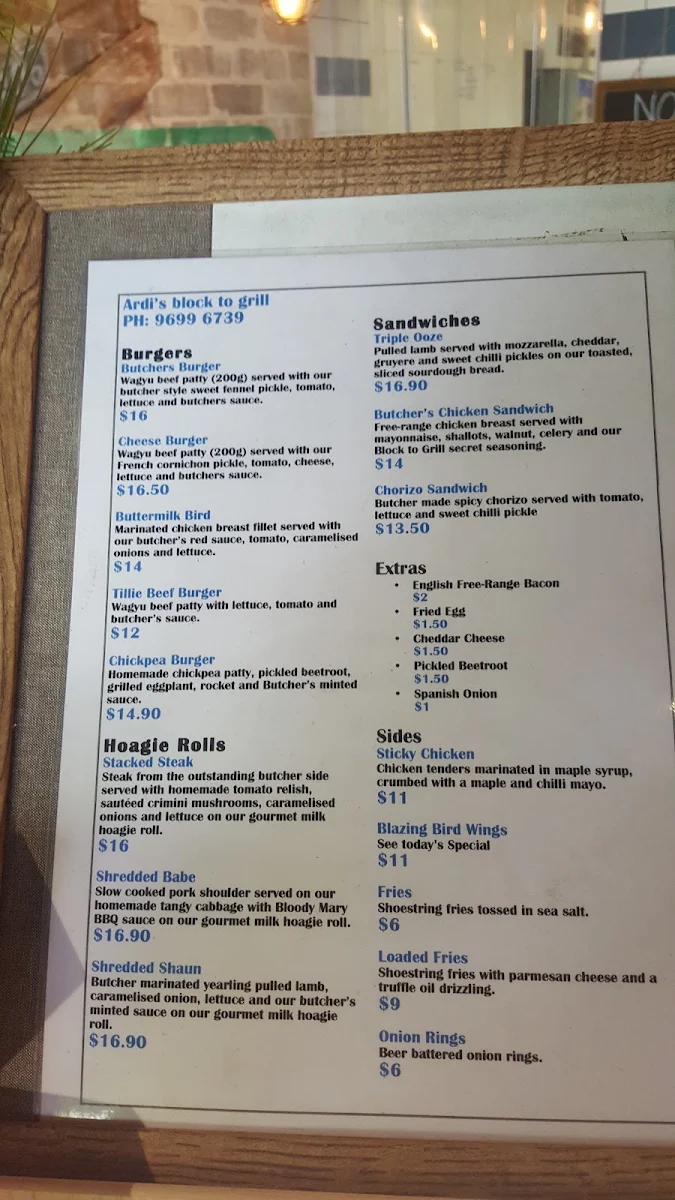 Menu, Ardi’s Block to Grill
