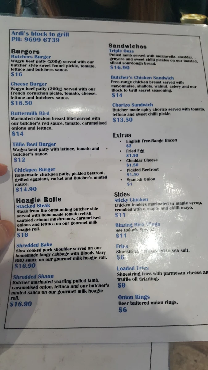 Menu, Ardi’s Block to Grill