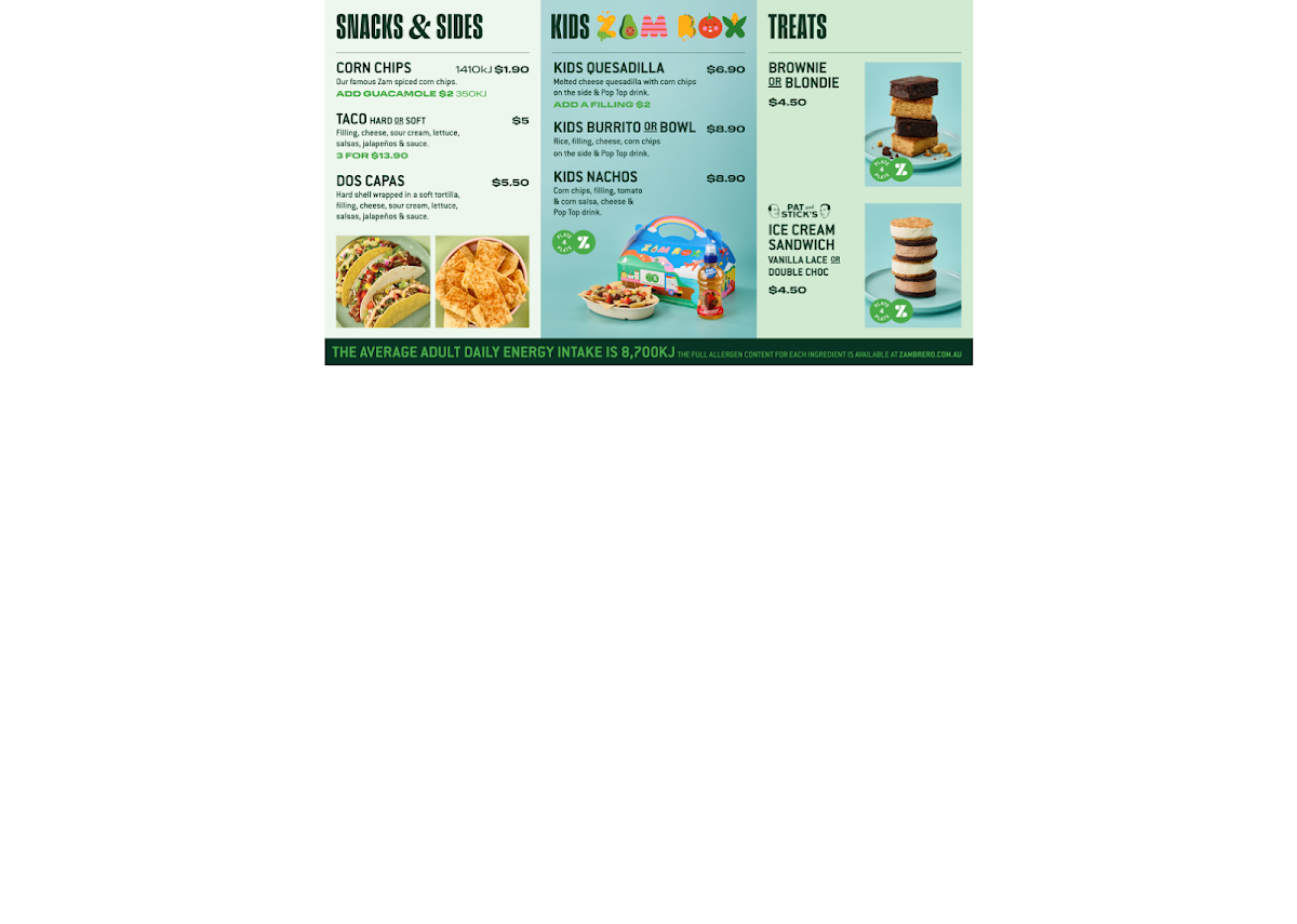 Menu, Zambrero