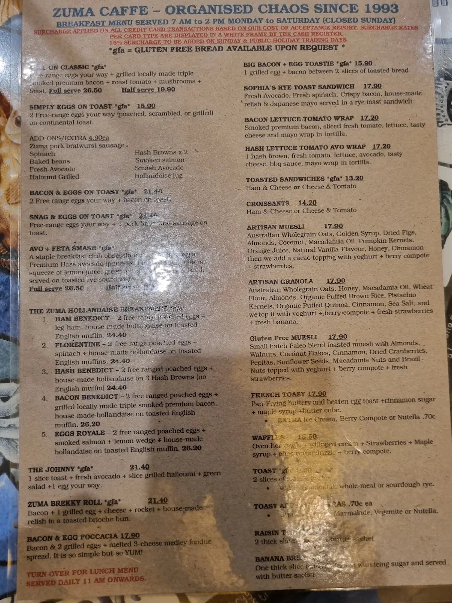 Menu, Zuma Caffè