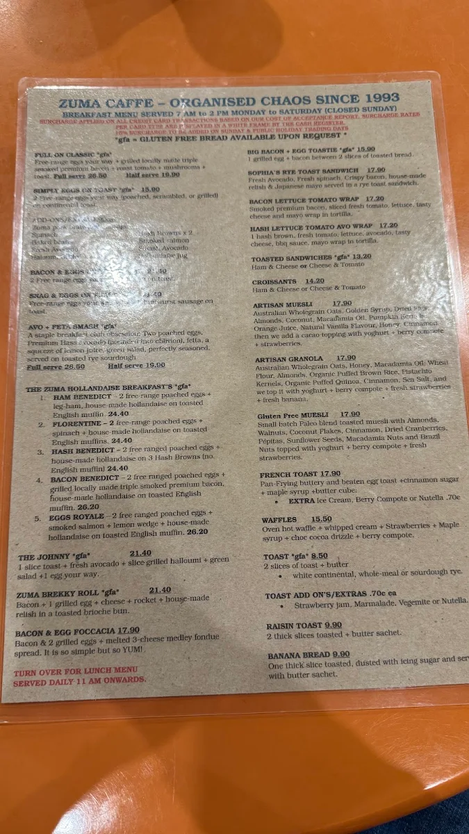Menu, Zuma Caffè