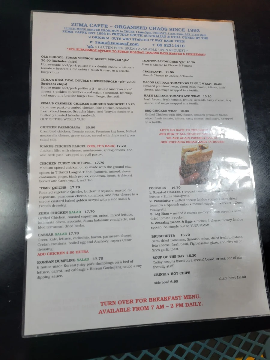 Menu, Zuma Caffè